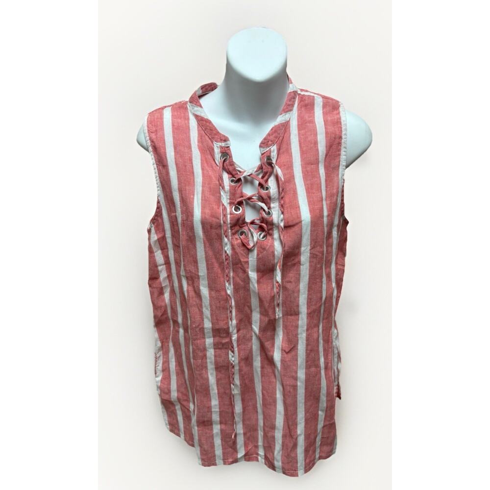 Christian Siriano Womens Linen Top Small Red White Striped Lace Up Sleeveless